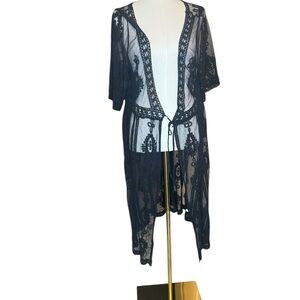 Black Sheer Lace Kimono Cardigan Size L Boho Festival Beach Cover Up